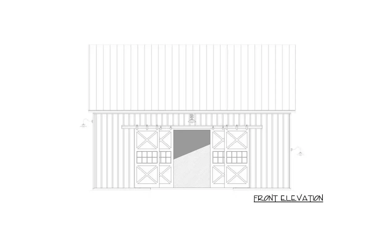 The front elevation of the 2-story expanded barn-style garage is drawn.