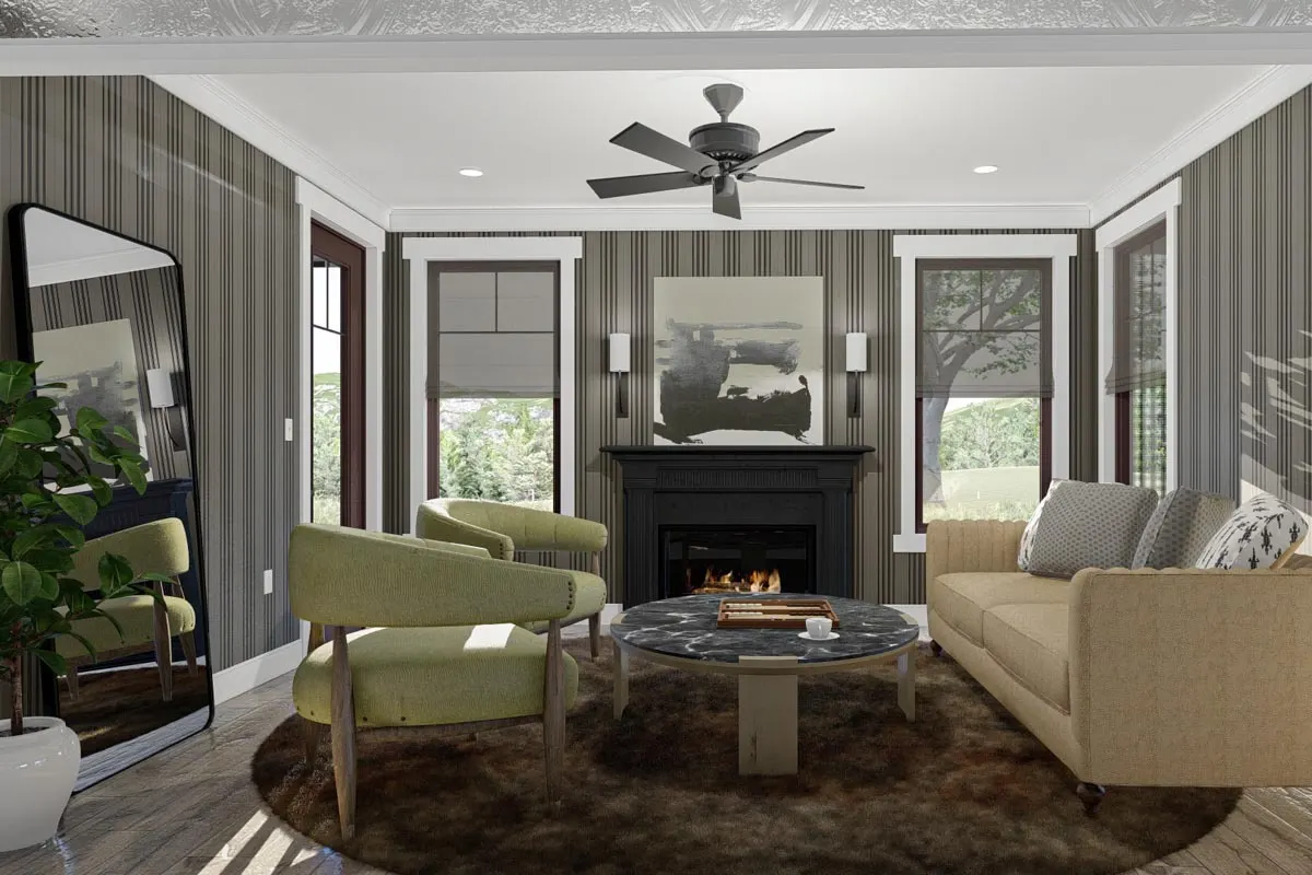 Hearth area with comfortable sofas and seats, as well as a round center table.