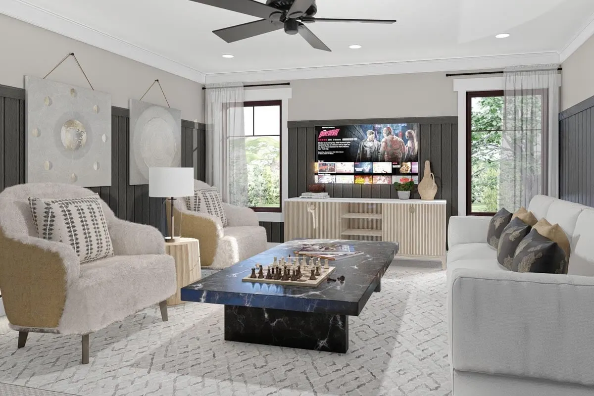 Family room with elegant interior design and marble table.