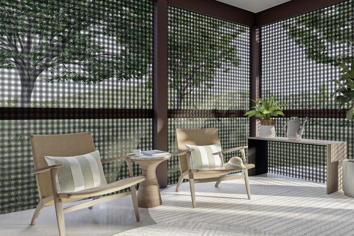 The screened patio area has a relaxing atmosphere with wooden furnishings.