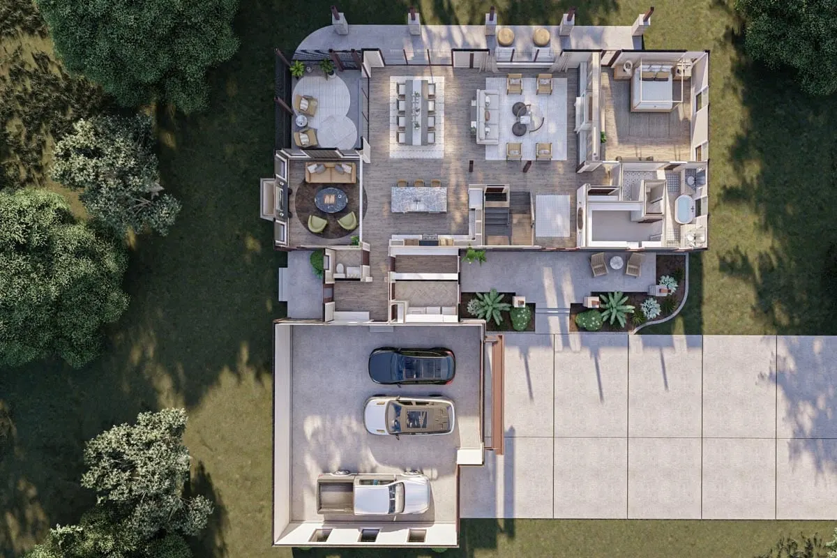 Top view of the house plan with large garage space.