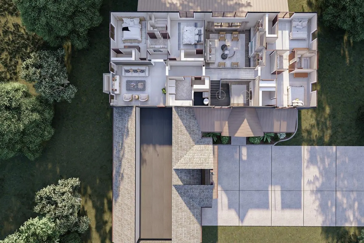 Top view of the roof plan on the garage and patio sections of the home.