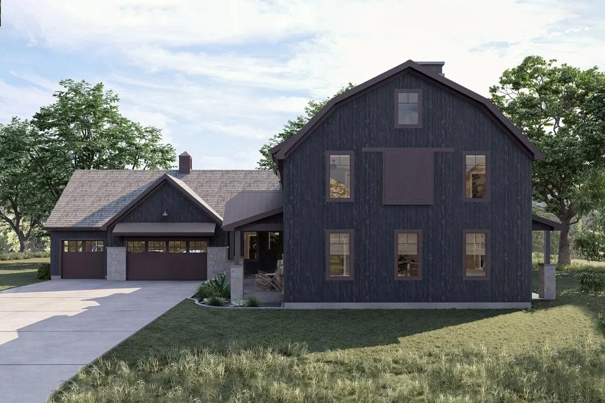 The right side of the home has a lovely window layout with a central barn-type shutter.