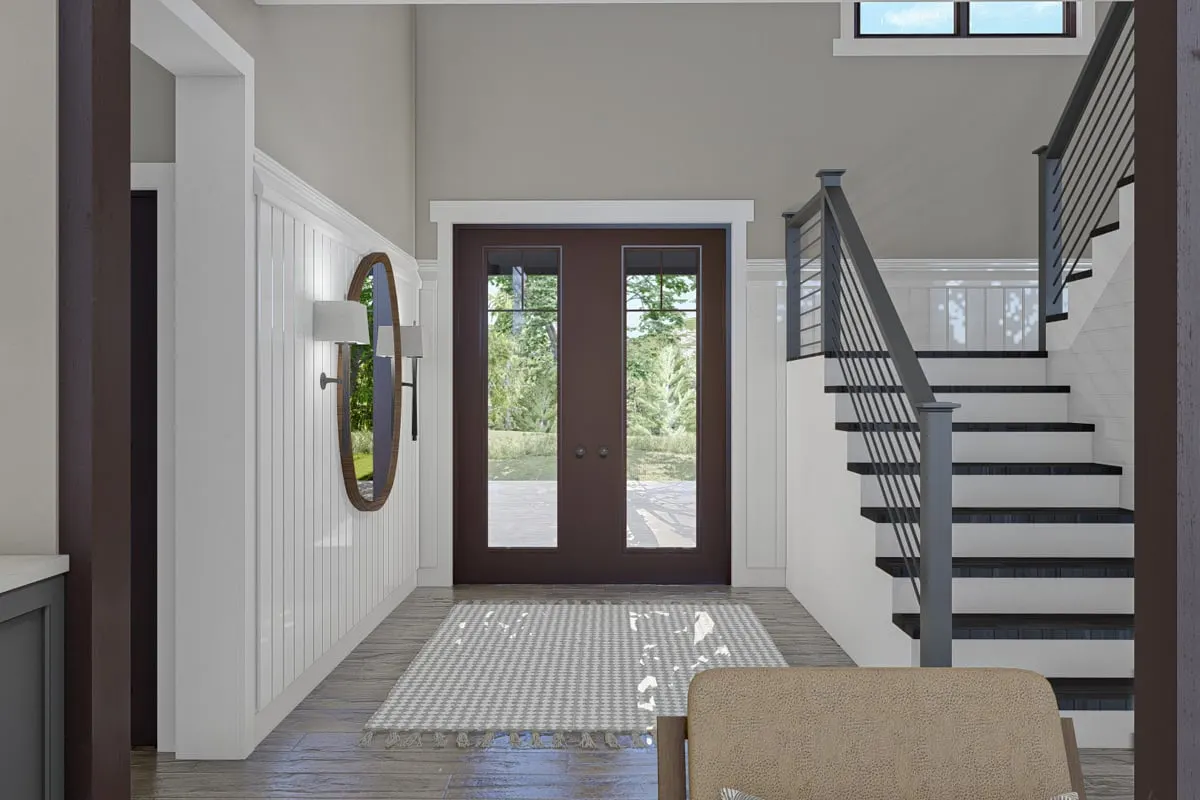 The foyer of the home has a double door-glass accent entry.