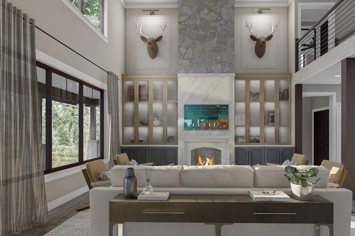 Lovely view of the fireplace area with a frosted glass cabinet.