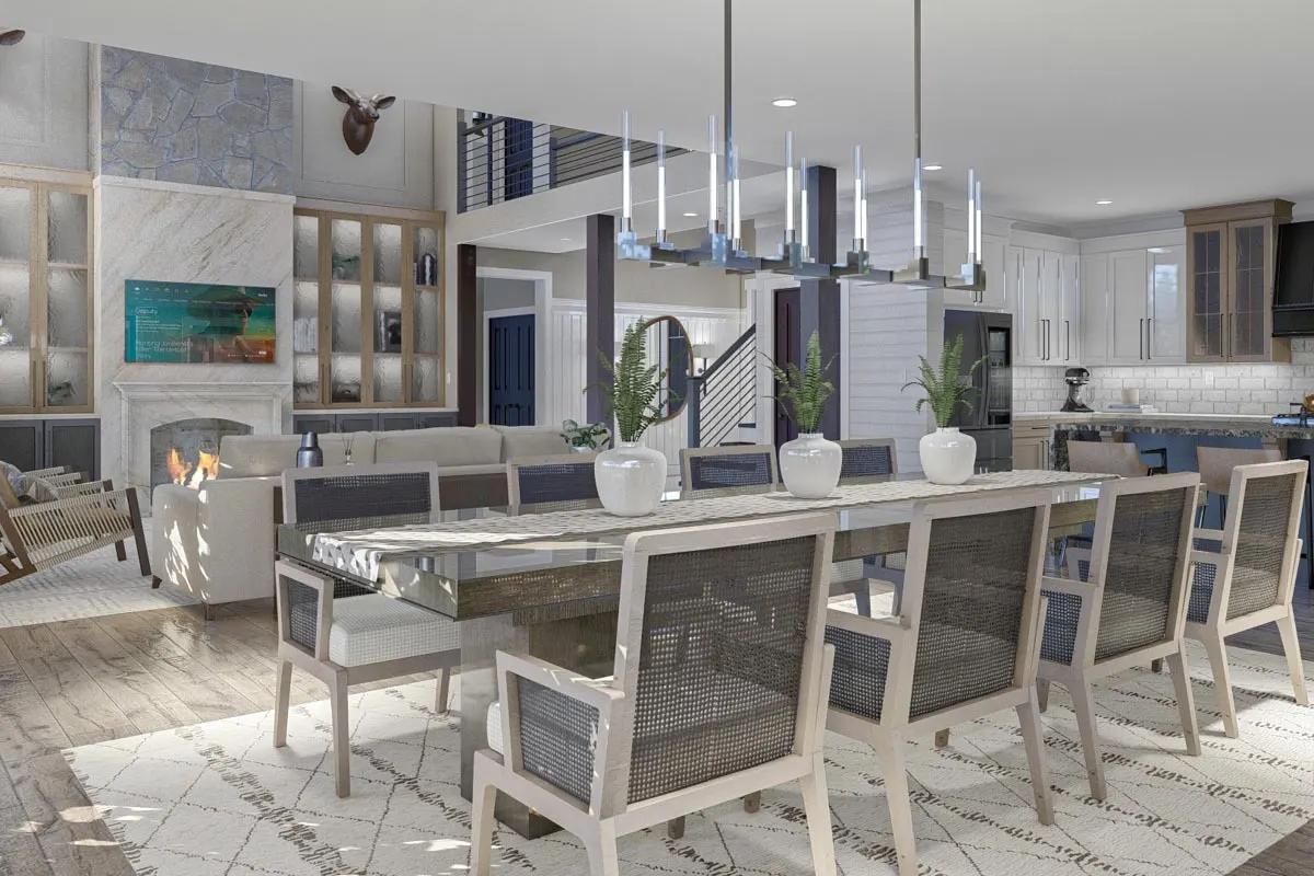 Large dining table and chairs in a gray tone with a wood accent.