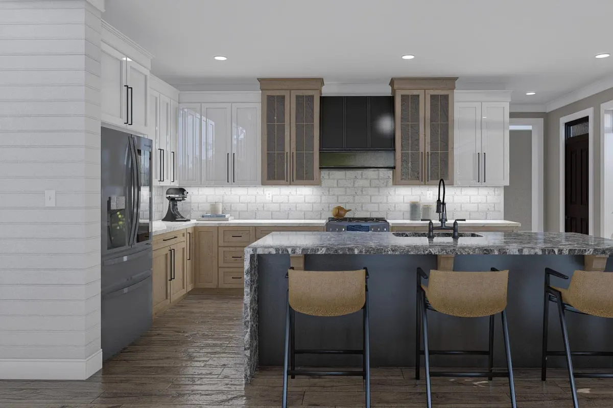 Kitchen with modern countertops and cabinets.