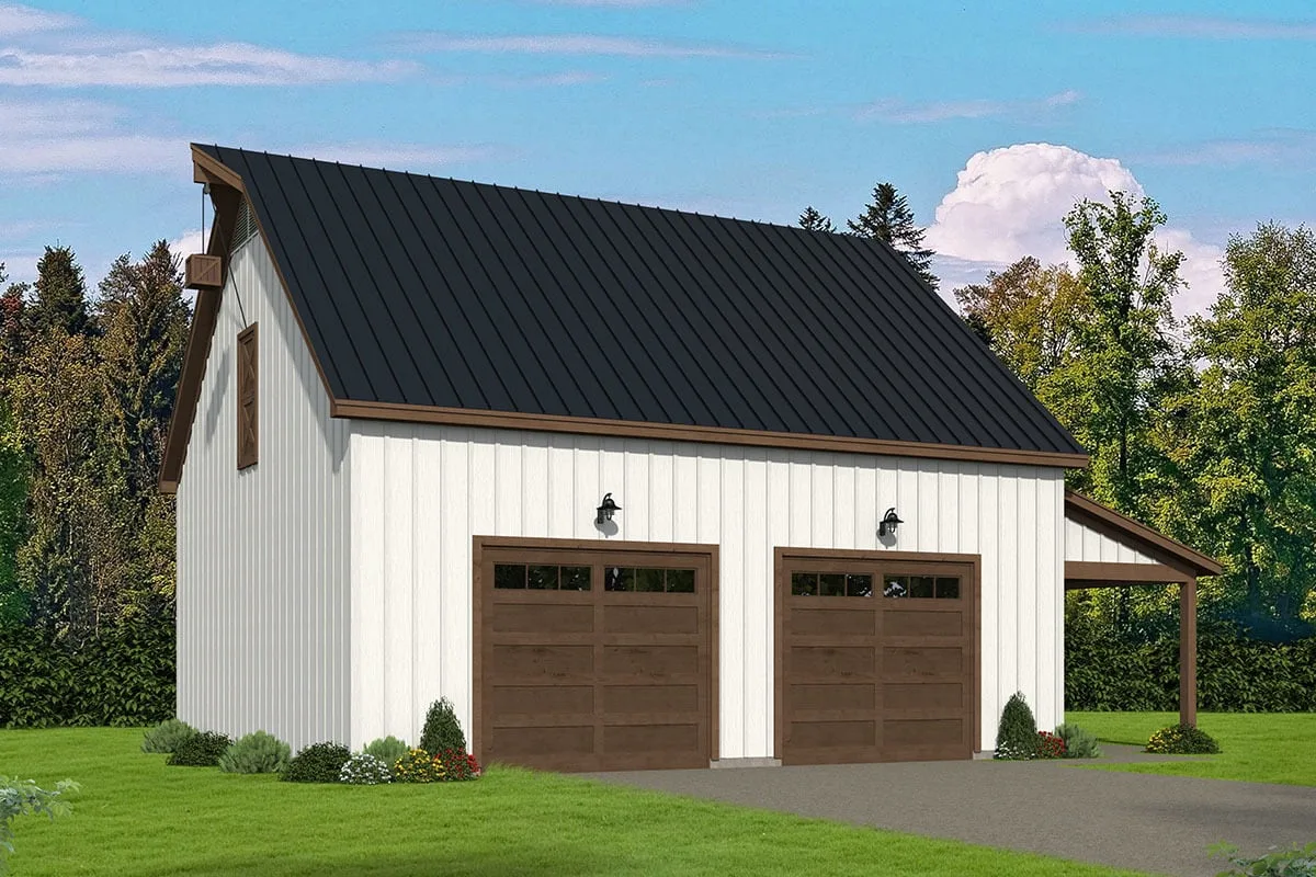 Version of the garage with black roof, rustic-style doors, and white walls.