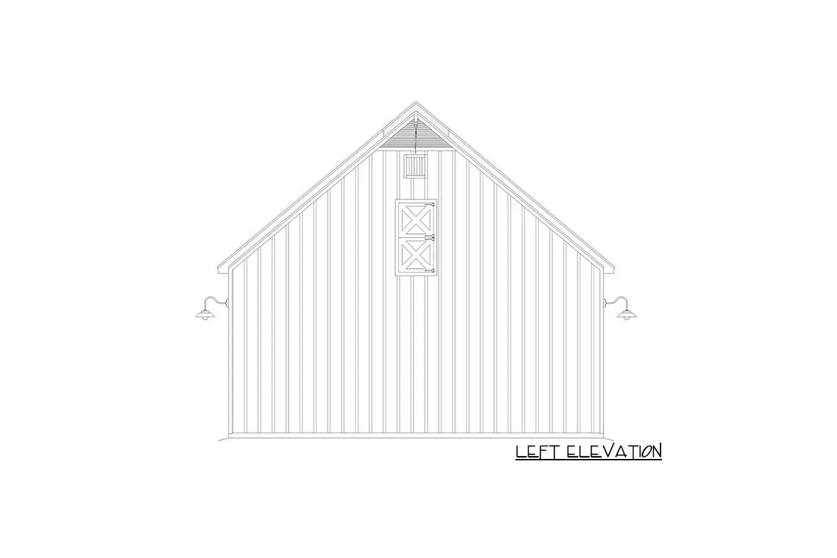 The two-story, lift-friendly carriage house is seen in the left elevation.