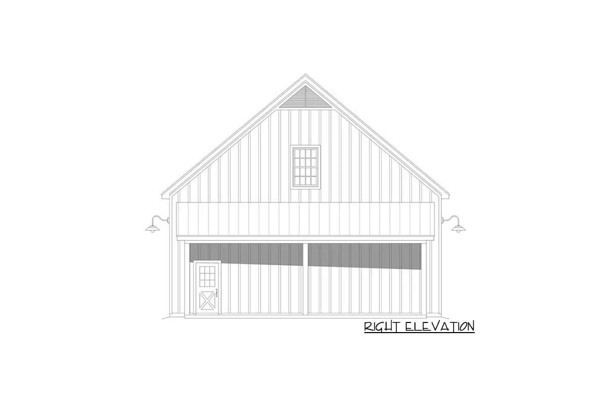 The two-story, lift-friendly carriage house is seen in the right elevation.