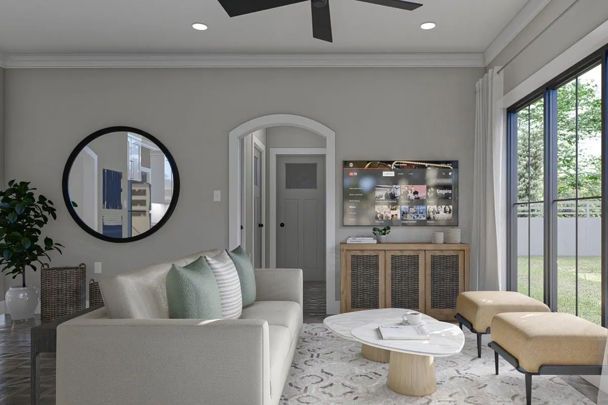 Living room area with cozy interior style with wood accent.