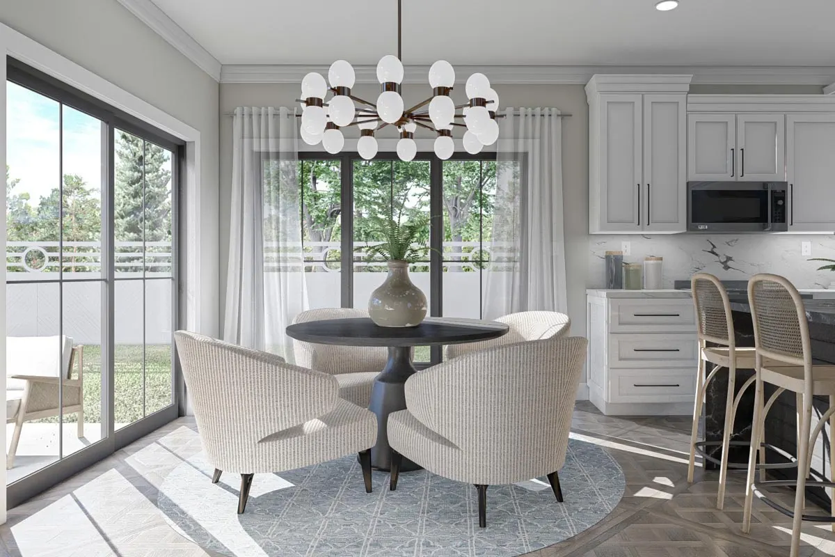 The dining room section features a black round table and broad seats that coordinate with the vase.