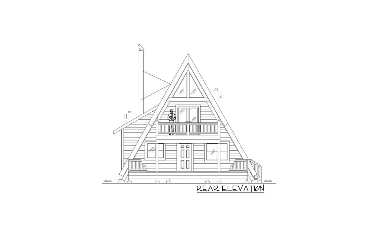 Sketch of the 2-story, 2-bedroom modern a-frame home's rear elevation.
