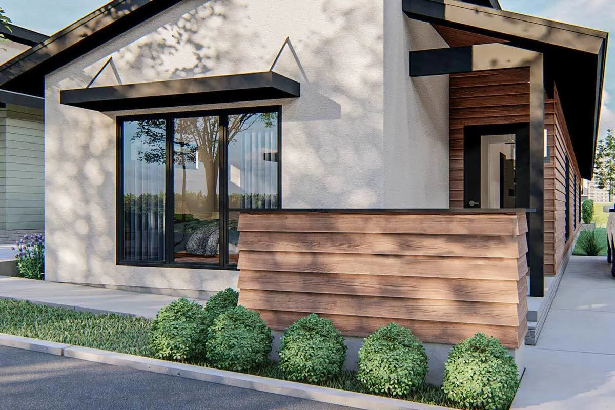 Design of the front-covered patio with wood accents.