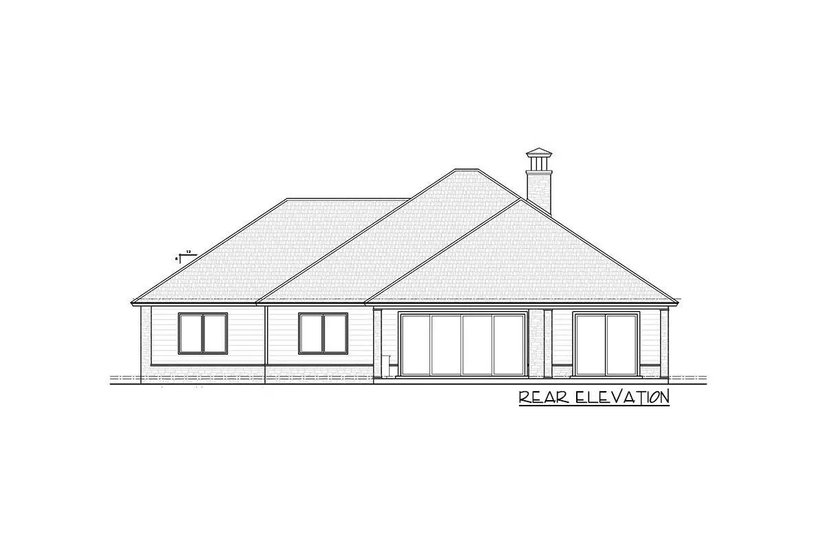 The single-story 3-bedroom modern craftsman home's rear elevation drawing.