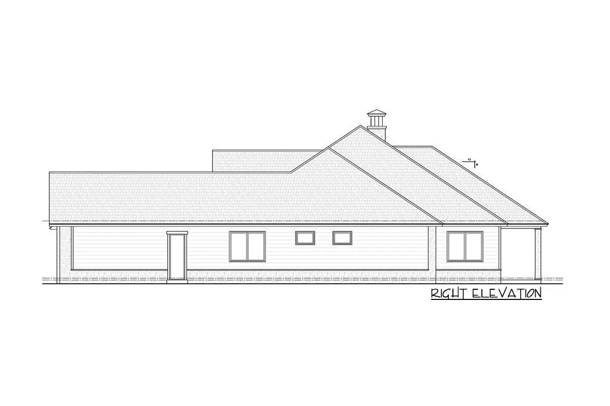 The single-story 3-bedroom modern craftsman home's right elevation drawing.