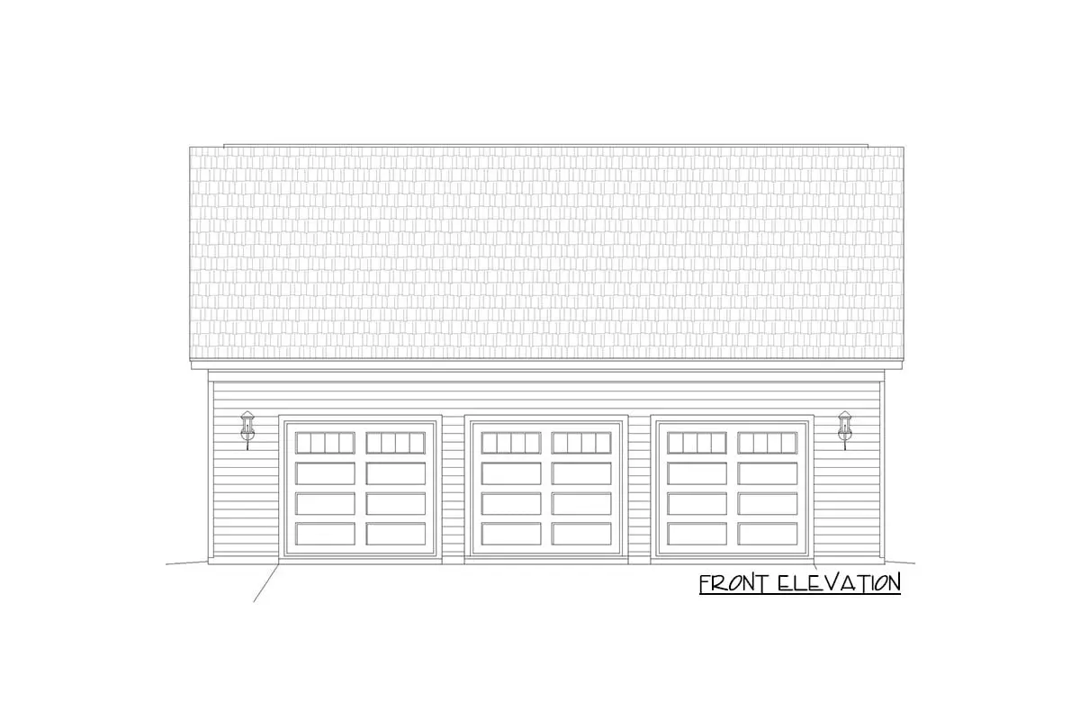 Sketch of the 2-story, 1-bedroom carriage house with a 3-car detached garage's front elevation.