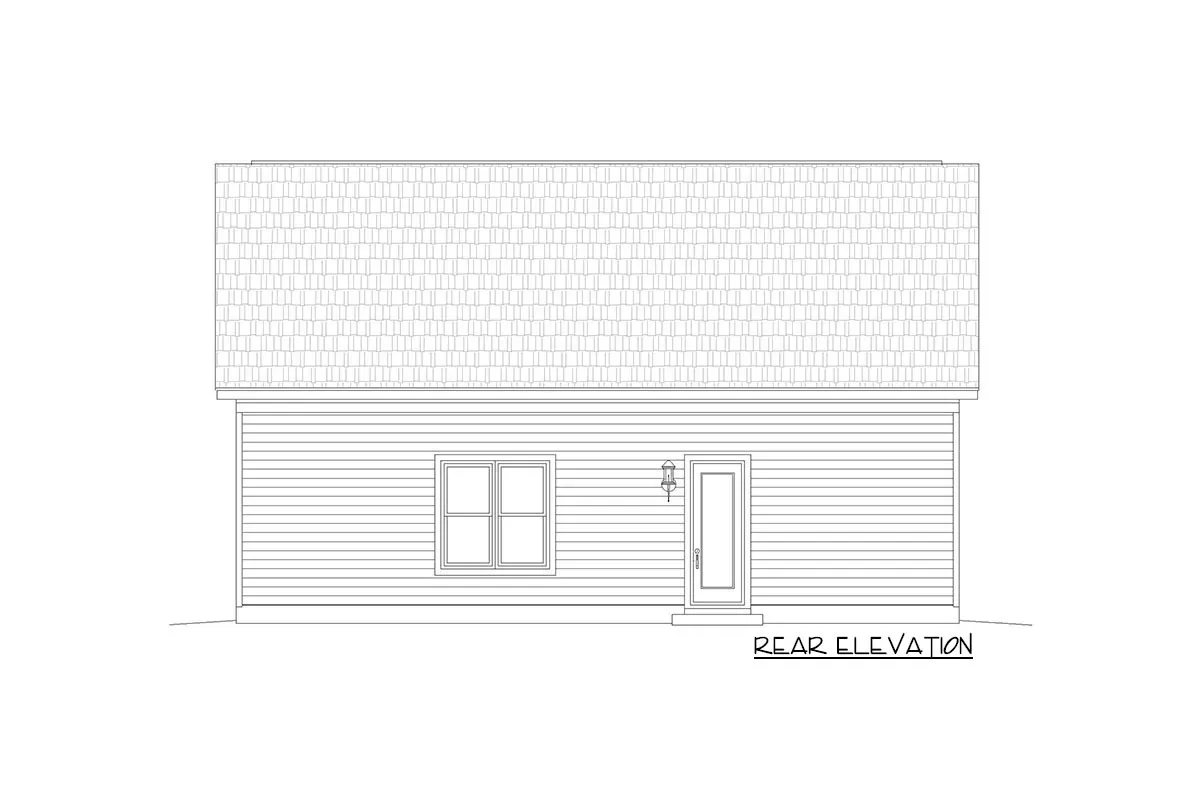 Sketch of the 2-story, 1-bedroom carriage house with a 3-car detached garage's rear elevation.