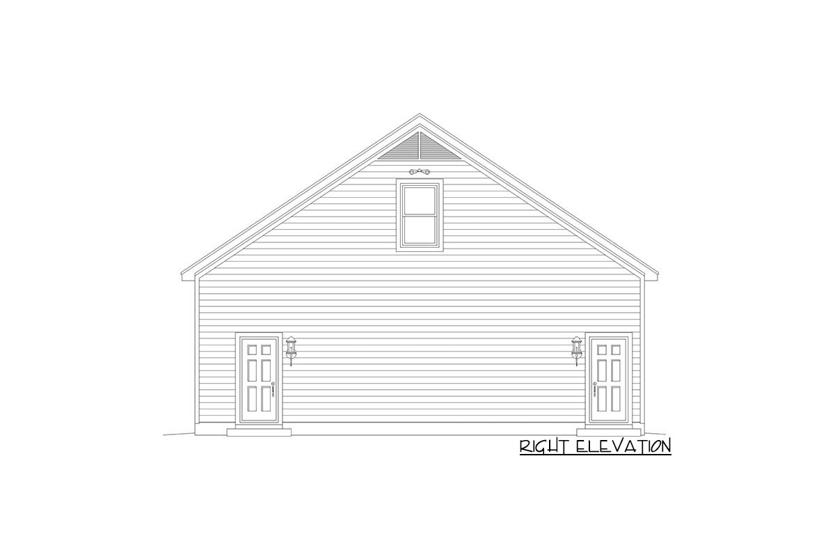 Sketch of the 2-story, 1-bedroom carriage house with a 3-car detached garage's right elevation.