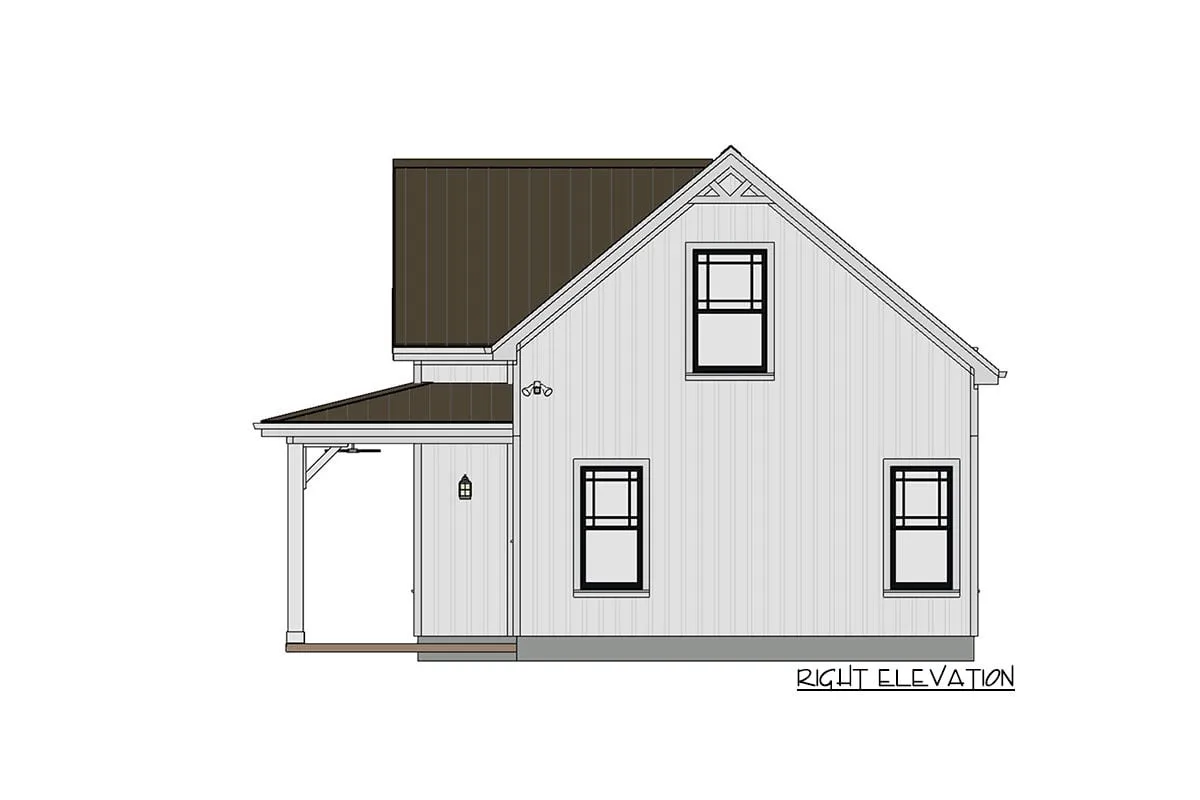 Sketch of the two-story, one-bedroom cottage home's right elevation.