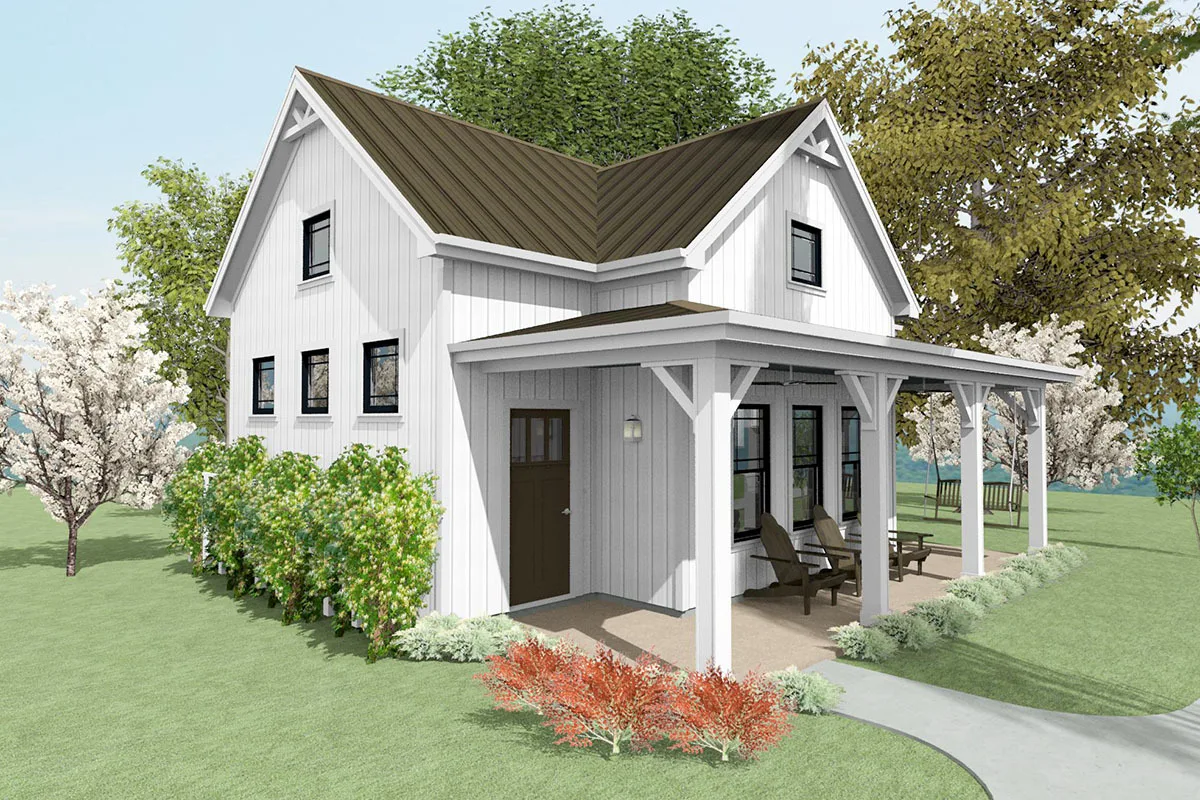 Front porch area with wooden chairs near windows.