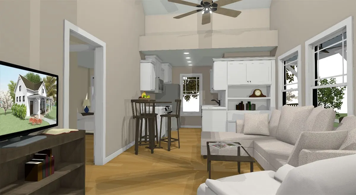 White interior with shelving and equipment in the kitchen area.