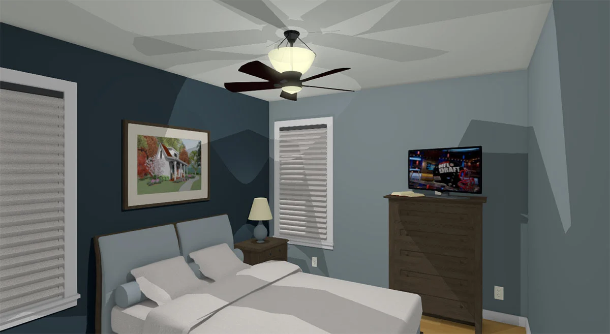 Bedroom interior in blue-gray shade with white window coverings.