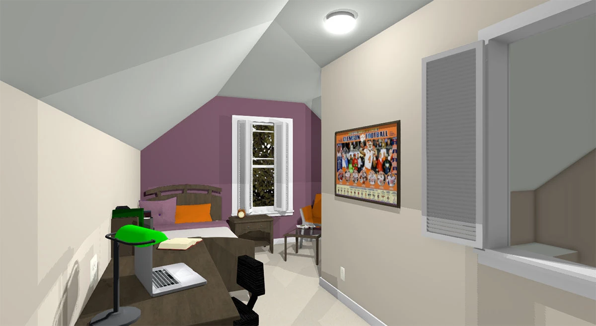 A bedroom area with an office and wooden furniture.