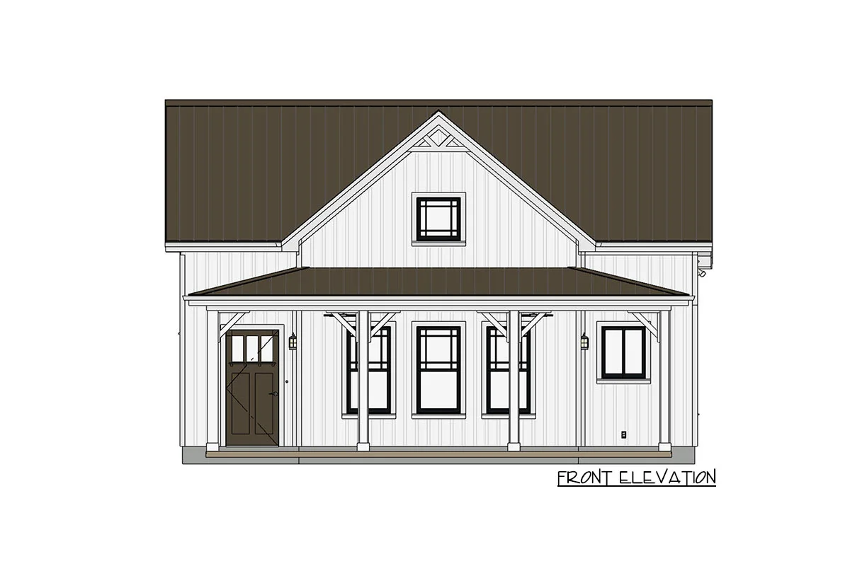 Sketch of the two-story, one-bedroom cottage home's front elevation.