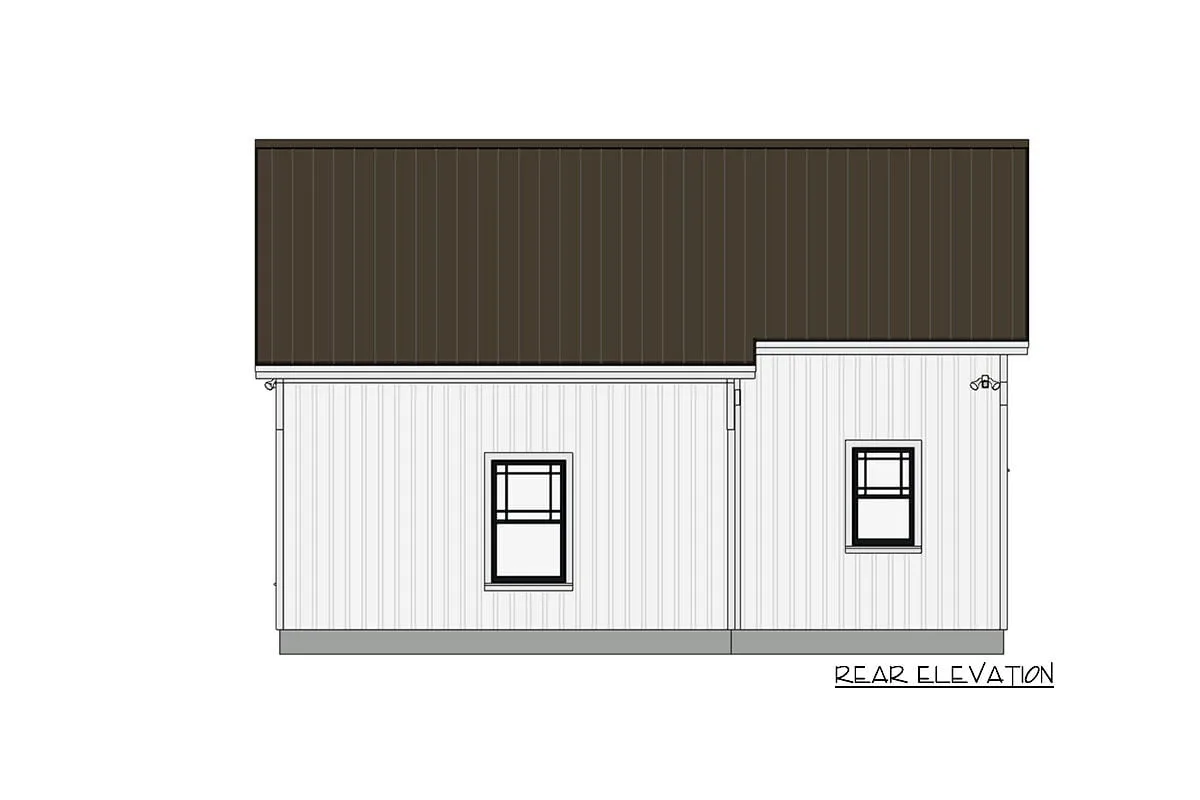 Sketch of the two-story, one-bedroom cottage home's rear elevation.