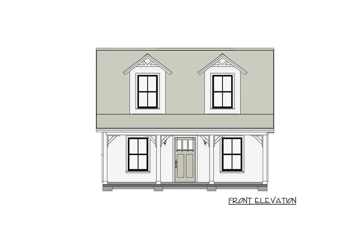 Sketch shows the two-story, two-bedroom country home's front elevation.