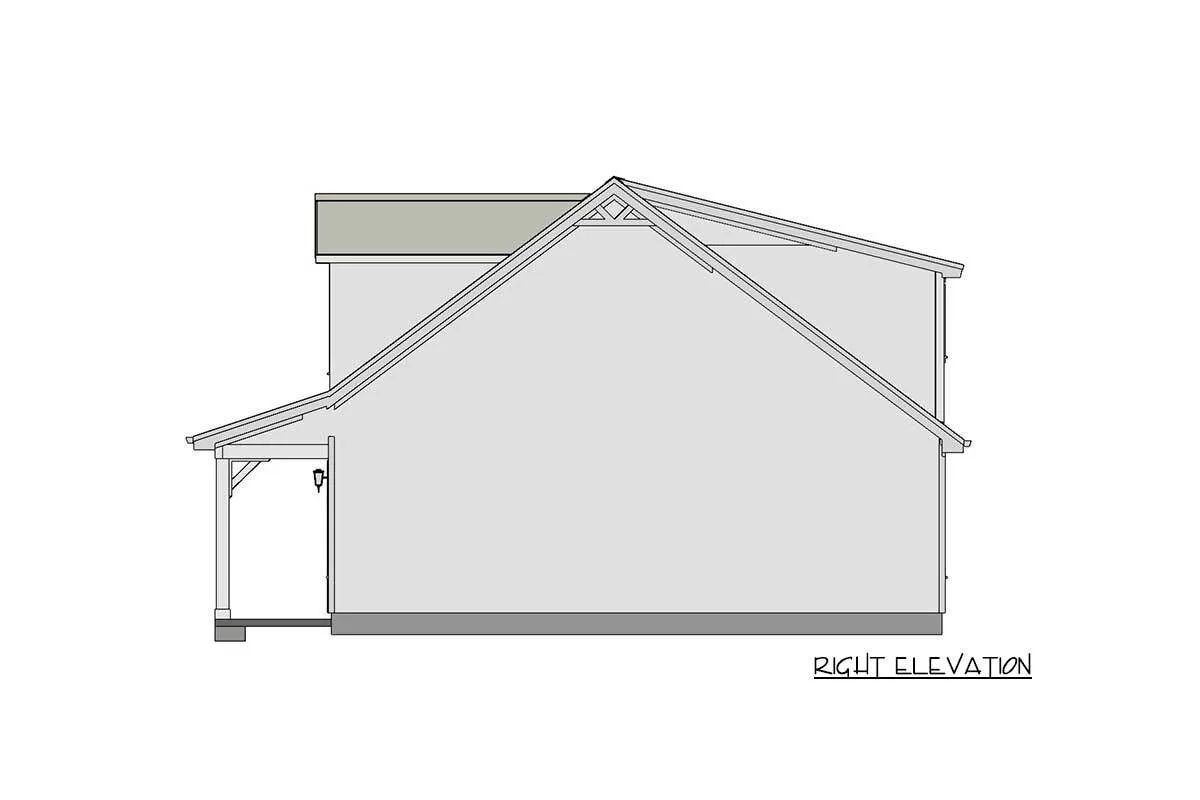 Sketch shows the two-story, two-bedroom country home's right elevation.