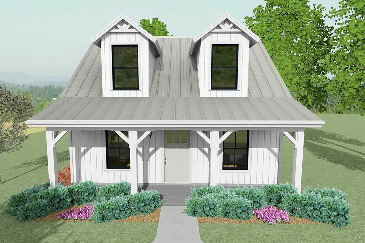 Exterior features that stand out include a covered porch with a black window frame and white pillars.