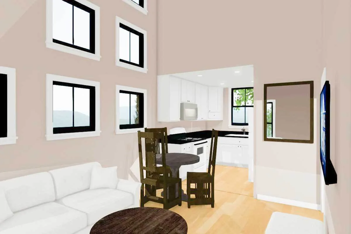 House interior in beige color walls with windows in black layout in white trim.