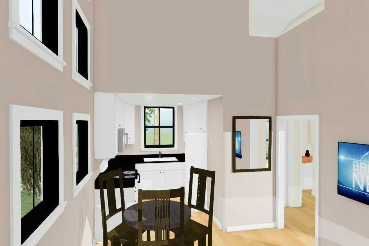 The kitchen area in white interior paint and a wood accent floor.