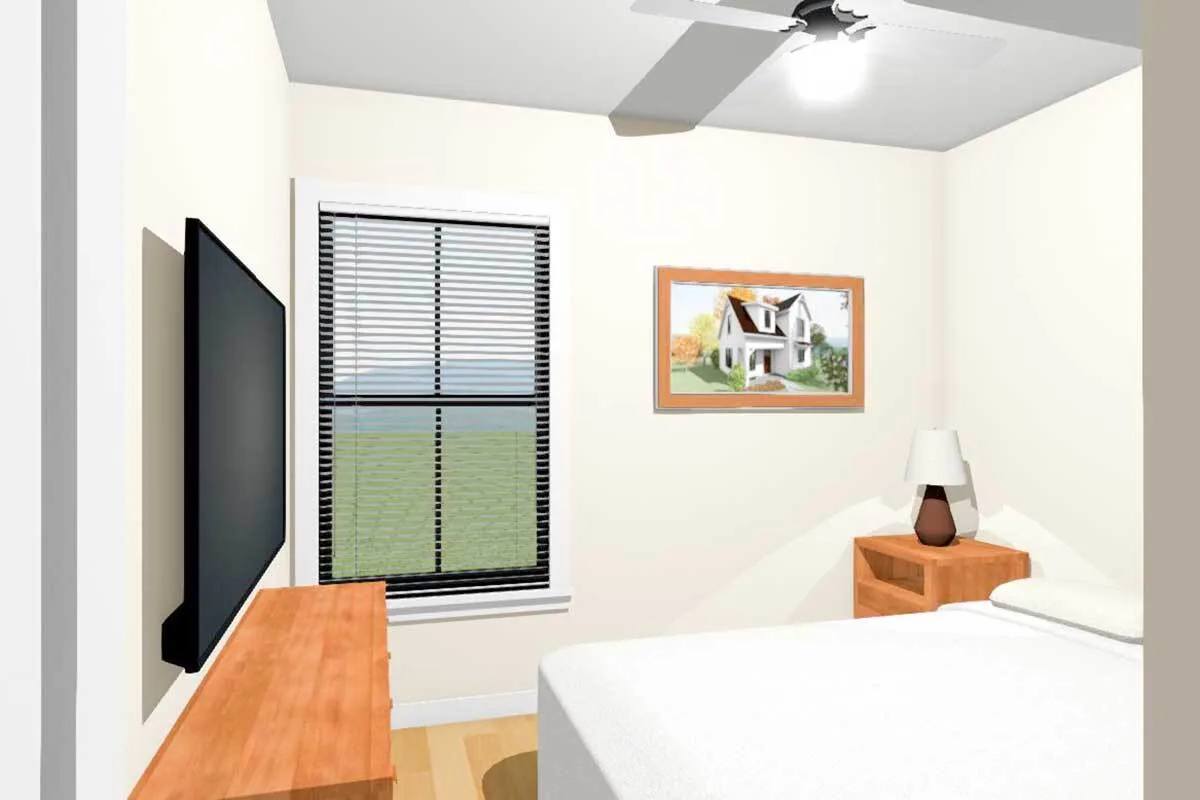 Bedroom area with a cozy bed covered in white sheets, a TV, and a large frame window.