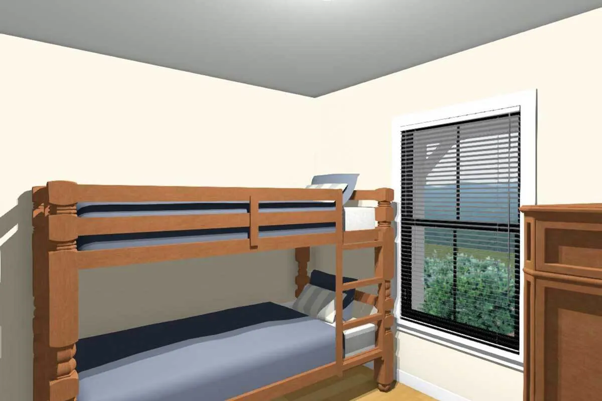 Bedroom with a bunk bed and cabinet in wooden accent.
