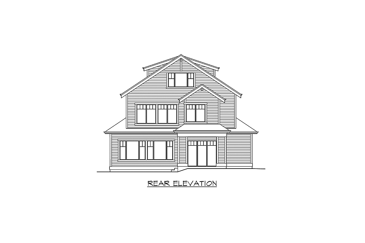 Sketch of the three-story, five-bedroom craftsman home's rear elevation.