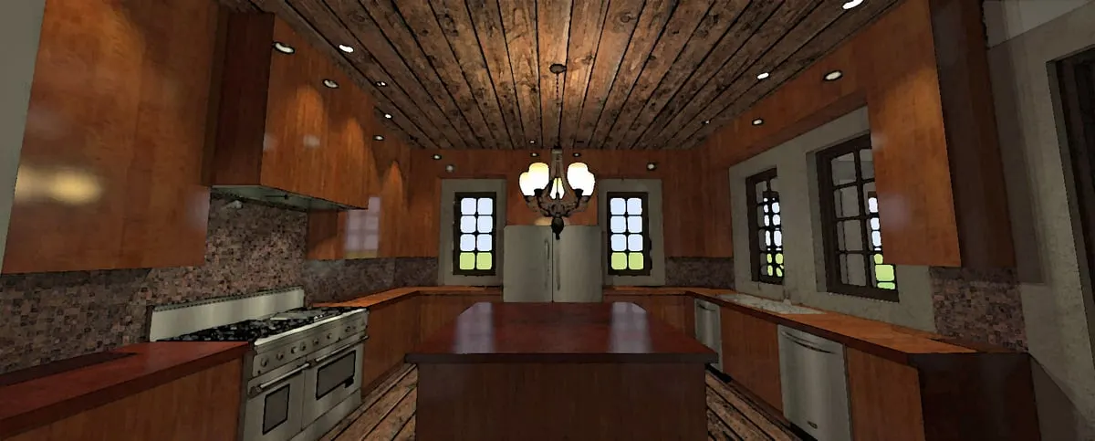 Kitchen area in sleek wood design cabinetry and island.