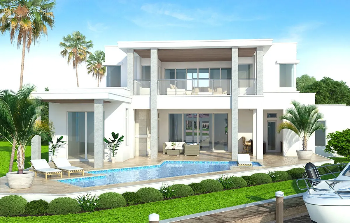 The stylish and comfortable balcony and pool area at the rear of the house.