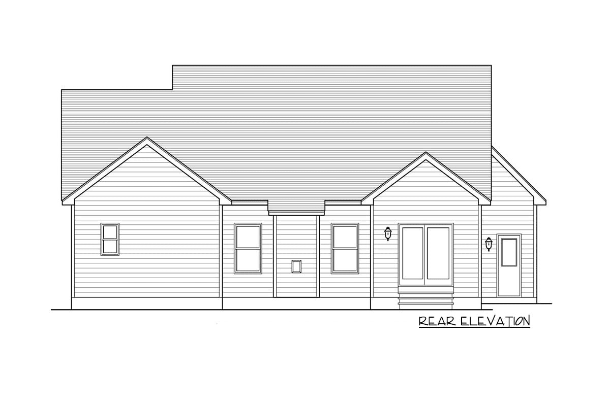 Rear elevation sketch of the single-story two-bedroom ranch home.