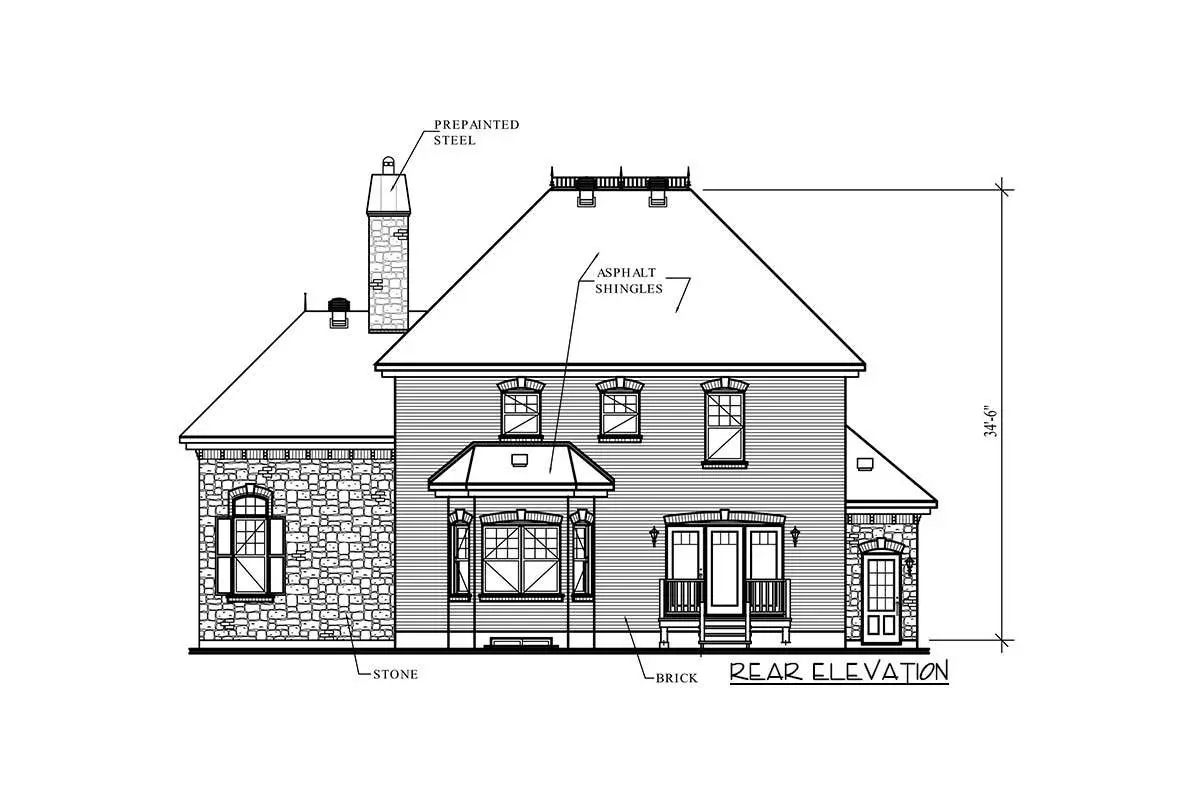 Sketch of the two-story, three-bedroom European home's rear elevation.