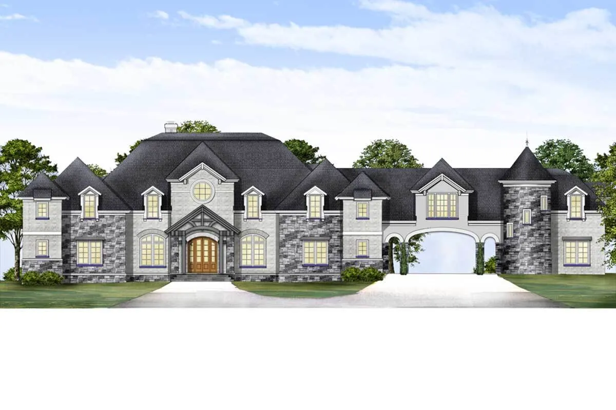 Dark European castle with a brick-style foundation and excellent window design.