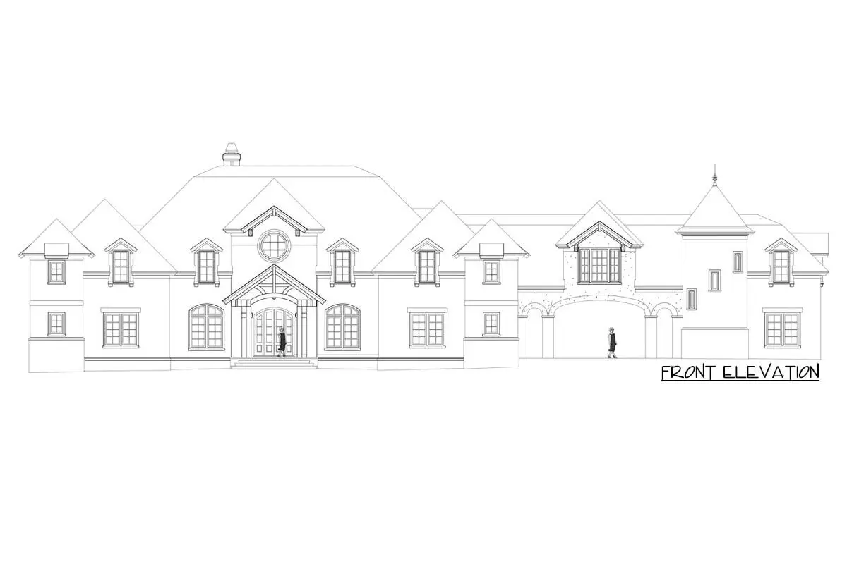 Sketch of the two-story, four-bedroom European castle's front elevation.
