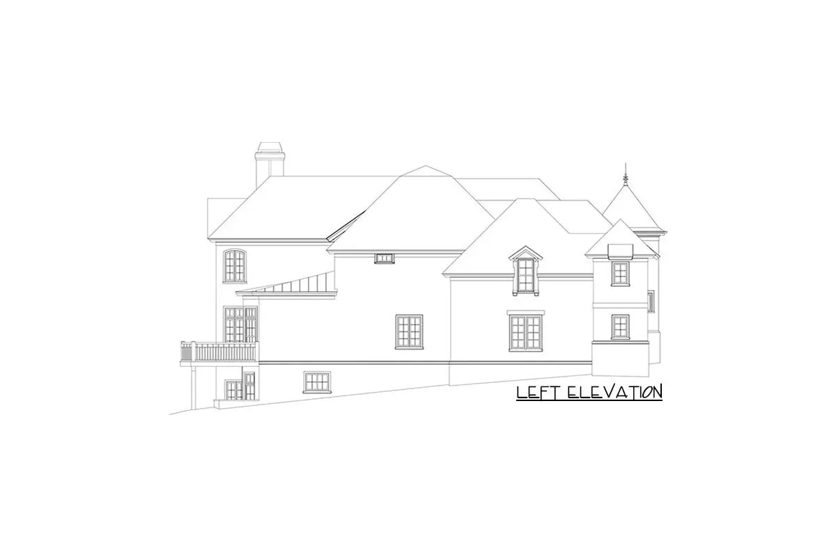 Sketch of the two-story, four-bedroom European castle's left elevation.