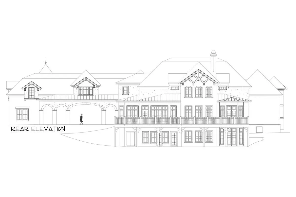 Sketch of the two-story, four-bedroom European castle's rear elevation.