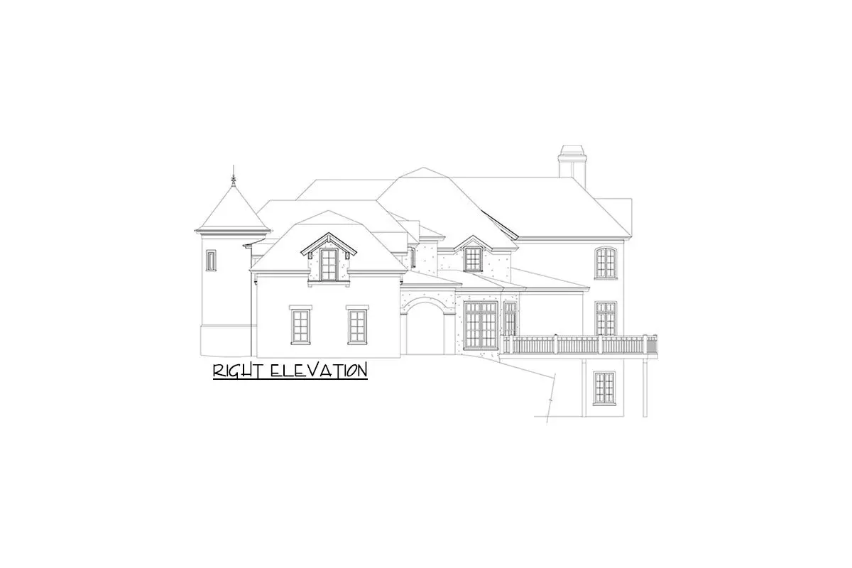 Sketch of the two-story, four-bedroom European castle's right elevation.