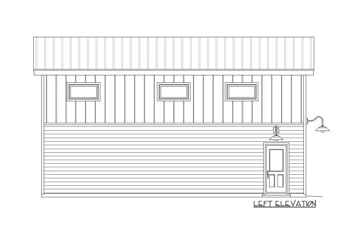 Left elevation sketch of the single-story garage with a sloping roof.