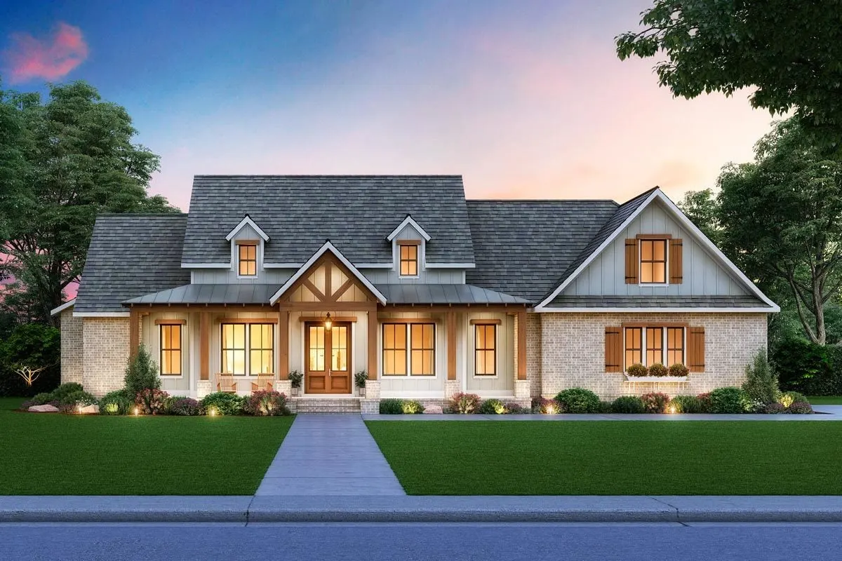 This version of the New American house is gorgeous with a dark gray external roof.