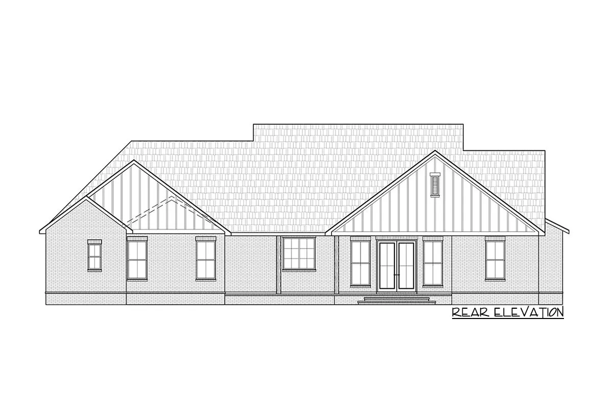 Rear elevation sketch of the single-story 3-bedroom New American farmhouse.